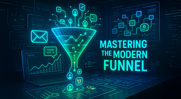 Illustration of a digital sales funnel with icons representing emails, leads, and analytics, symbolizing modern marketing automation strategies.