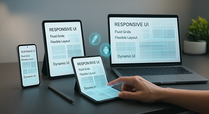 Responsive UI design displayed on smartphone, tablet, and laptop screens with fluid grids and flexible layouts.