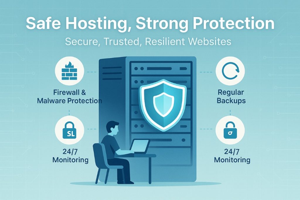Infographic showing a secure hosting solution with server vault, shield icon, and workflow of firewall protection, backups, SSL certificates, and 24/7 monitoring.