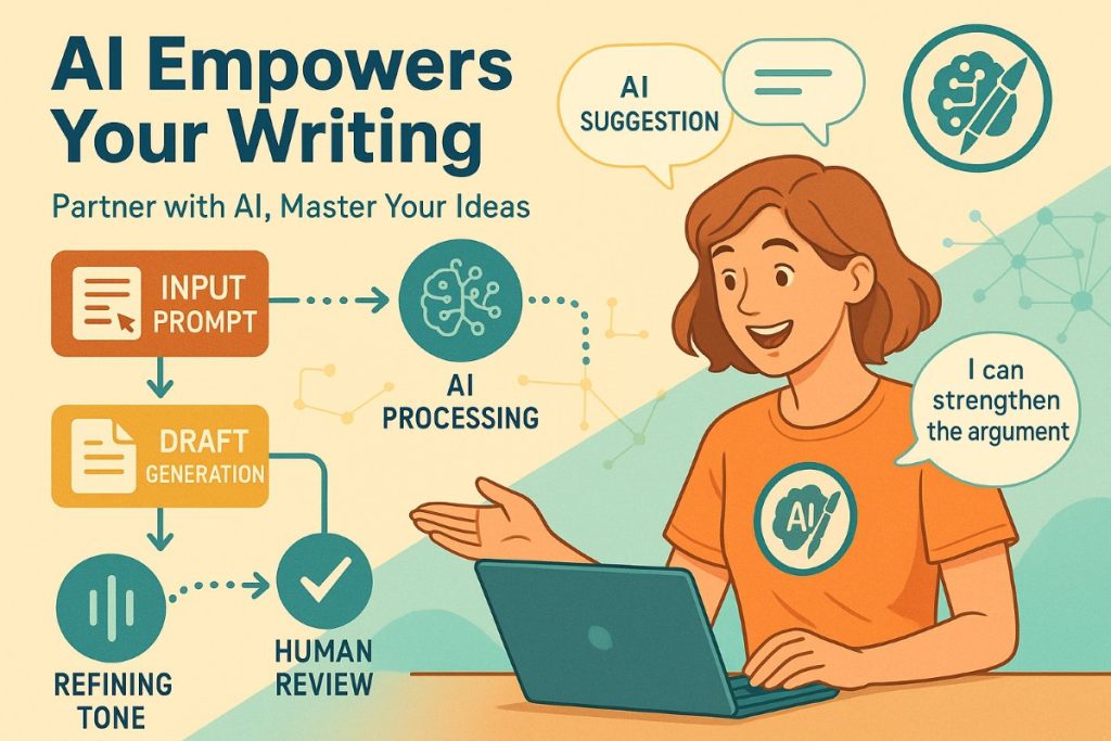 Infographic showing AI-assisted writing workflow with a user interacting with AI, conceptual AI+writing icon, and visual steps of drafting, refining, and reviewing.