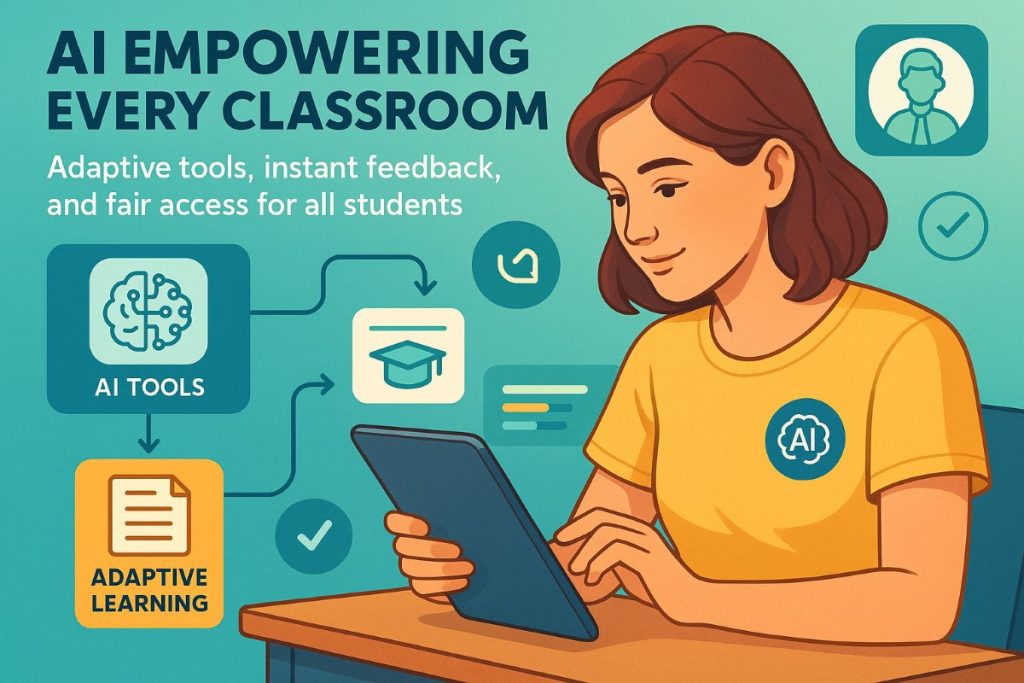 Infographic showing AI supporting students and teachers with adaptive learning tools, instant feedback, and interactive classroom activities.