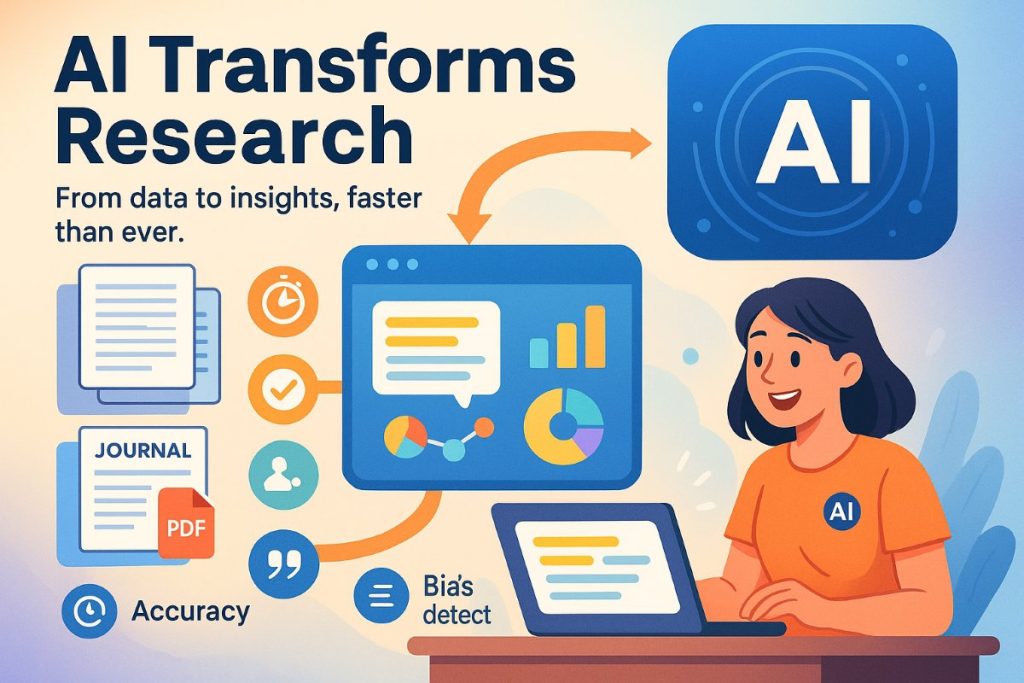Infographic showing AI assisting a researcher in reviewing and summarizing research papers efficiently