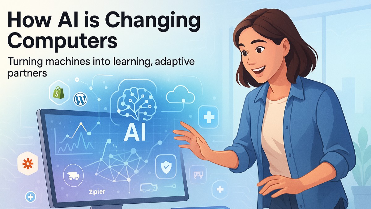 Beautiful woman interacting with computer and holographic AI models, showing how AI models are changing computers
