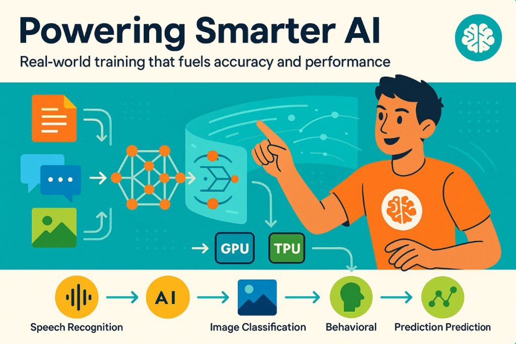 Infographic showing AI models training workflow with data, neural network, GPUs, and researcher in action.