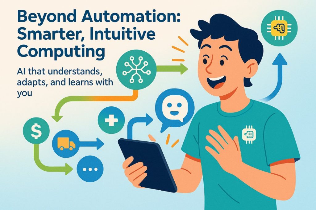 Infographic showing how AI models make computers understand human input, with a user interacting with a voice assistant.