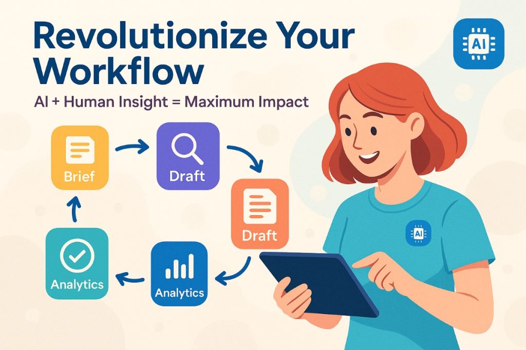 Infographic showing AI-powered content workflow with human oversight, illustrating digital marketing trends and process optimization.