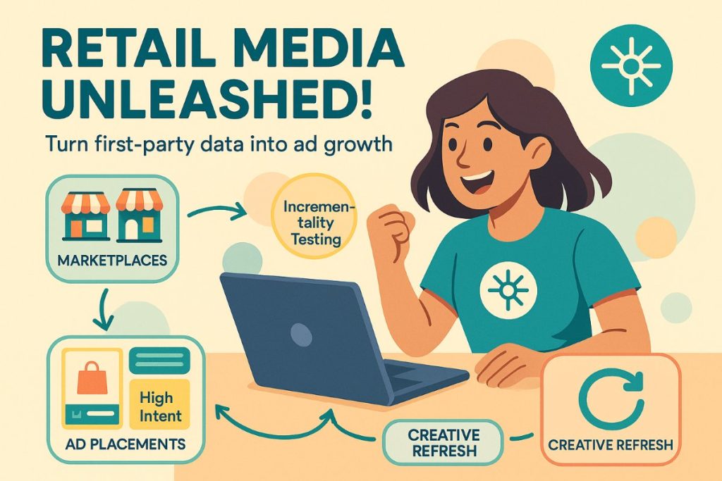 Infographic showing retail media strategies and workflows with icons, active user, and creative refresh highlighting digital marketing trends