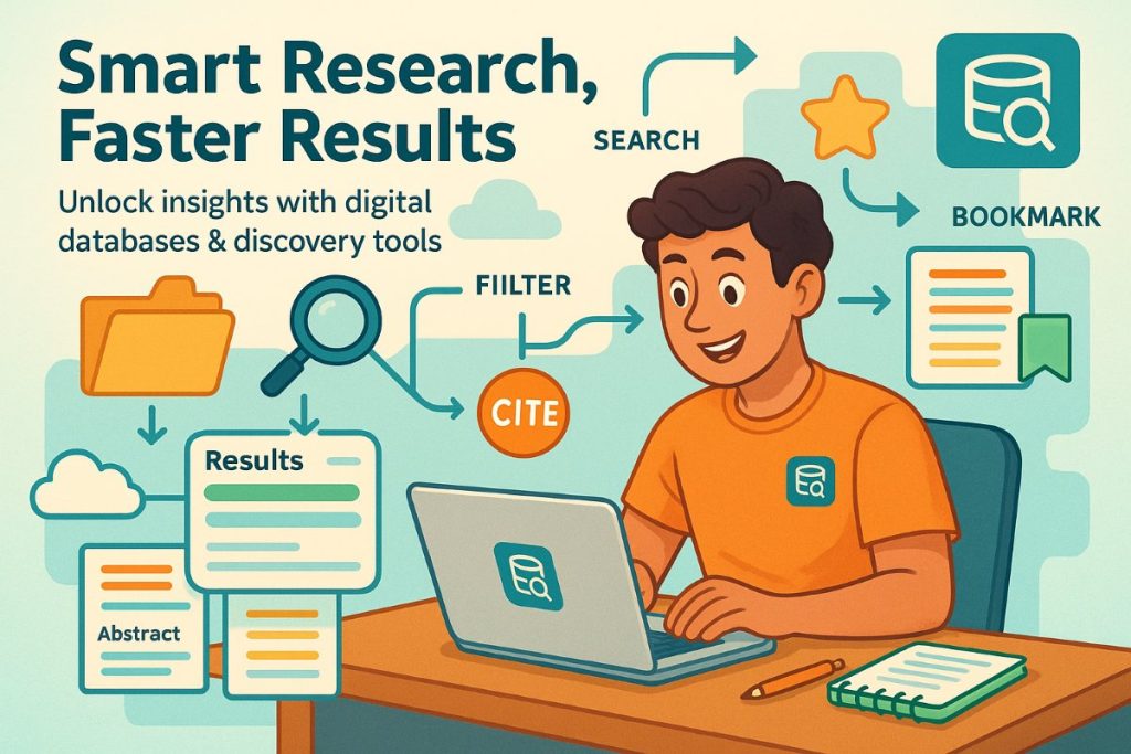 Infographic of a student using digital databases and discovery tools for writing a research paper with icons of search, bookmarks, cloud storage, and workflow.
