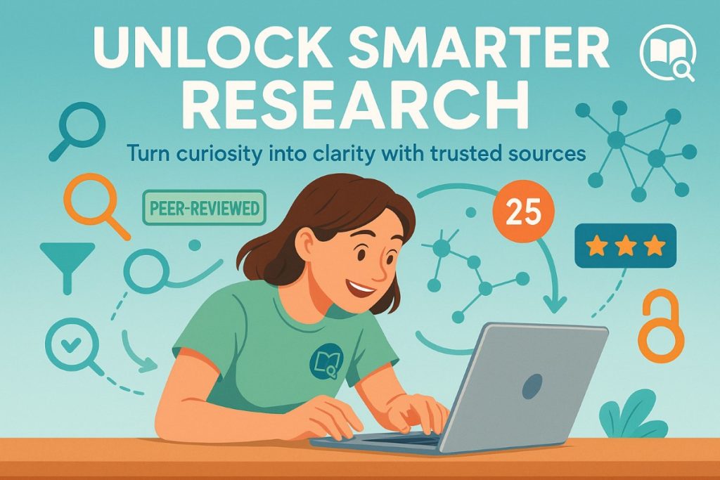 Infographic showing modern research paper process with student using laptop, workflow icons, citation badges, and digital map for efficient academic writing.