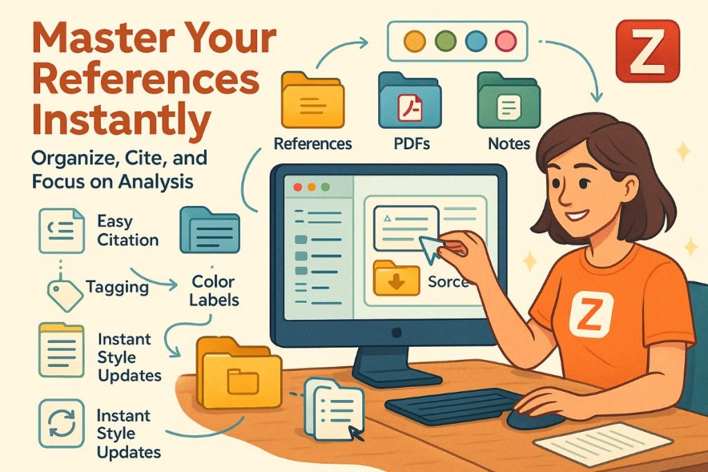 Infographic showing a user organizing research paper sources with reference manager tools like Zotero, EndNote, and Mendeley.