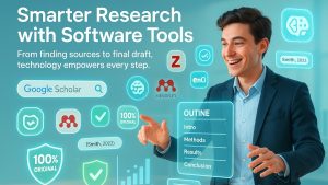Smart researcher using software tools and AI for writing a research paper with digital notes, citations, and data visualization