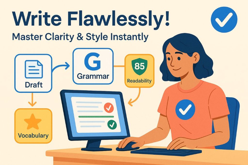 Infographic showing writing assistance and grammar tools for research papers, with workflow, icons, and active user using a grammar checker.