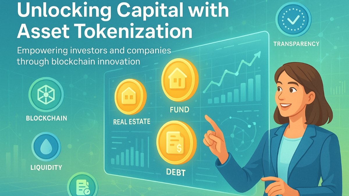 Confident professional interacting with digital interface showing tokenized assets, blockchain networks, and financial charts representing asset tokenization