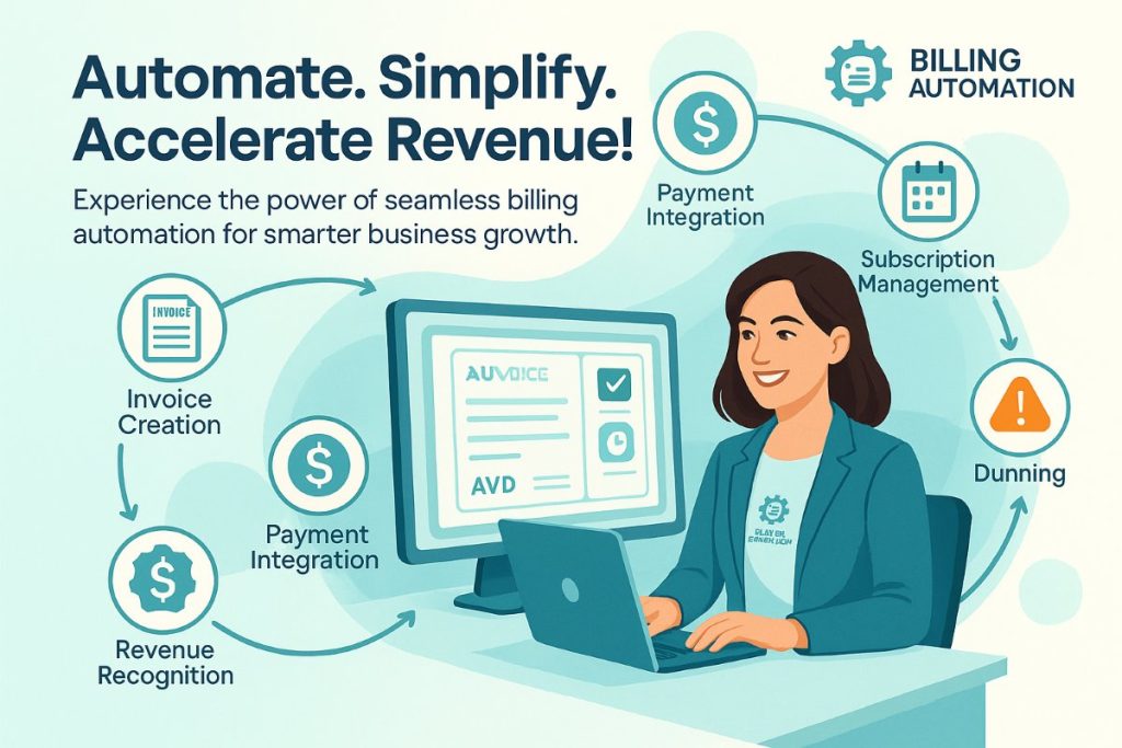 Infographic showing billing automation service workflow with automated invoices, payments, and analytics managed by a happy finance professional.