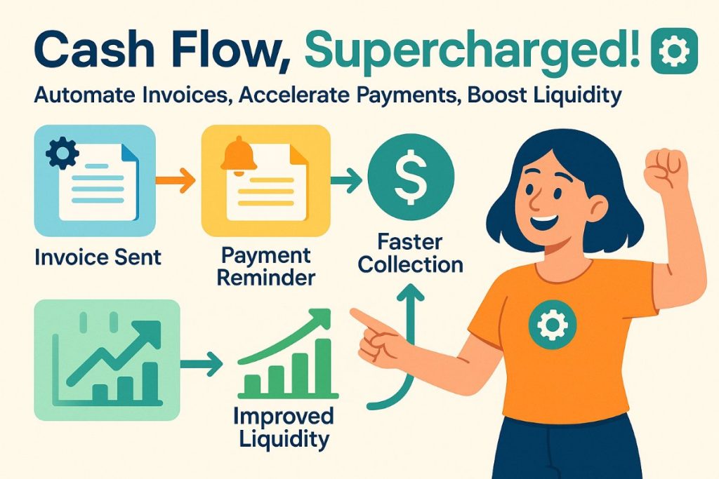 Infographic showing accelerated cash flow and improved liquidity through billing automation service with workflow icons and an active user.
