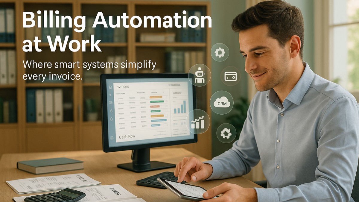 Finance professional using a billing automation service in a modern accounting office with invoices, files, and digital dashboard.