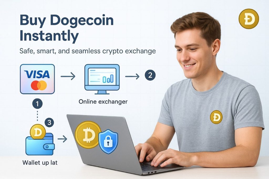 Infographic showing how to buy Dogecoin with Visa and MasterCard through secure online exchangers with workflow steps, wallet icons, and payment badges