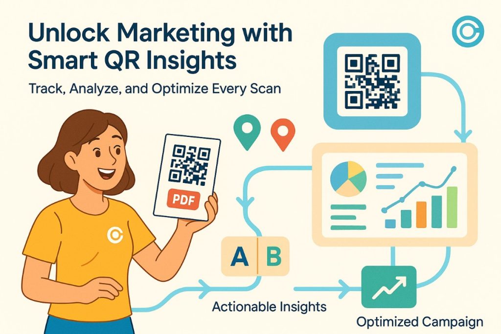 Infographic showing data-driven insights from PDF QR codes with workflow, analytics, and active user interaction
