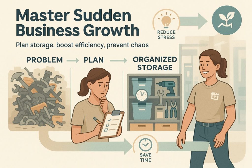 Infographic showing workflow of handling sudden business growth with organized tool storage, featuring a professional managing tools efficiently