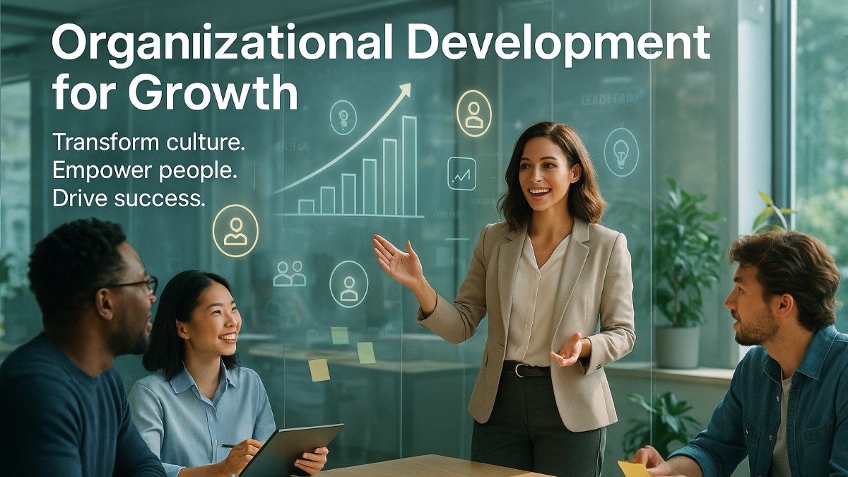 Confident business leader guiding her team through organizational development strategies for business growth
