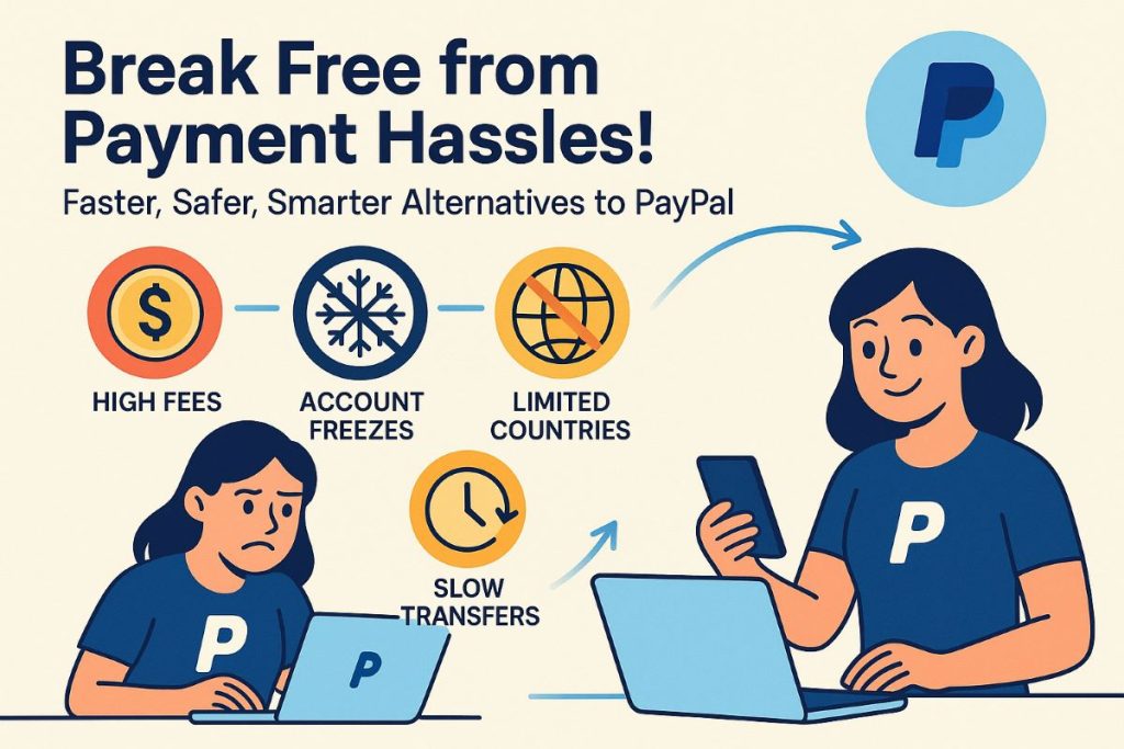 Infographic showing PayPal alternatives with workflow, user switching to faster and safer payment options, highlighting high fees, account freezes, limited countries, and slow transfers.