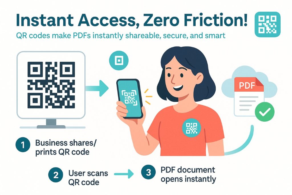 Infographic showing a user scanning a QR code to instantly access a PDF document, illustrating seamless PDF QR code integration in digital marketing.
