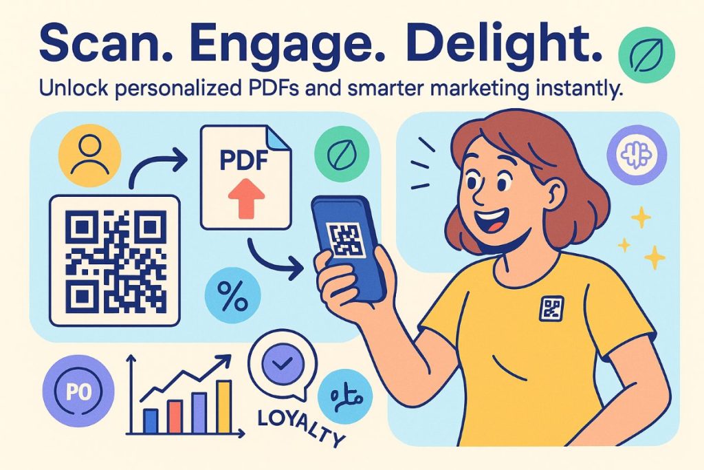 Infographic showing the future of PDF QR codes in marketing with personalization, AI analytics, sustainability, and loyalty integration