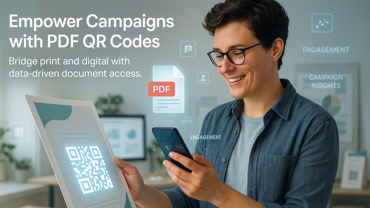 Marketer scanning a brochure QR code that opens a PDF document, showing how PDF QR codes connect print and digital marketing campaigns.