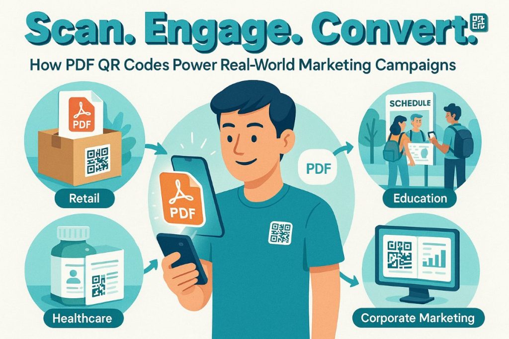 Infographic showing practical use cases of PDF QR codes in retail, education, healthcare, events, and corporate marketing with a user scanning QR codes on products and posters.