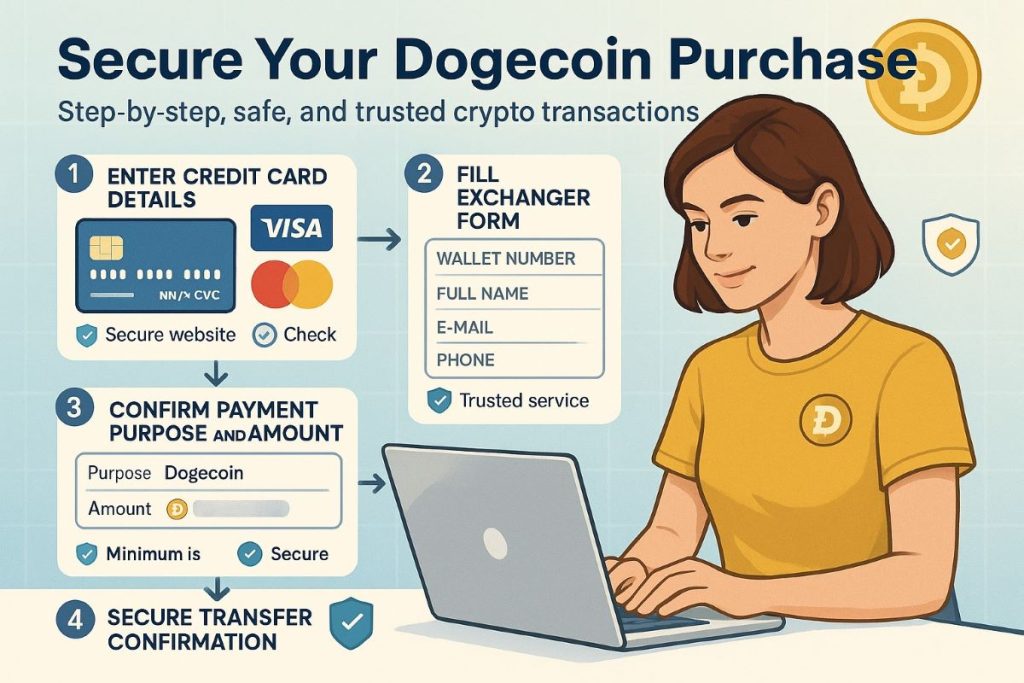 Infographic showing step-by-step secure Dogecoin purchase using Visa and MasterCard with wallet, payment, and safety icons