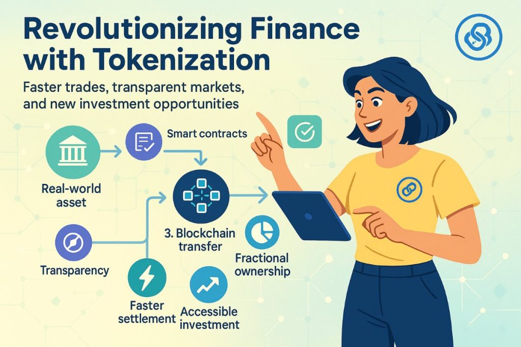 Infographic showing a professional interacting with a blockchain workflow and tokenized assets, demonstrating how tokenization platforms transform financial markets