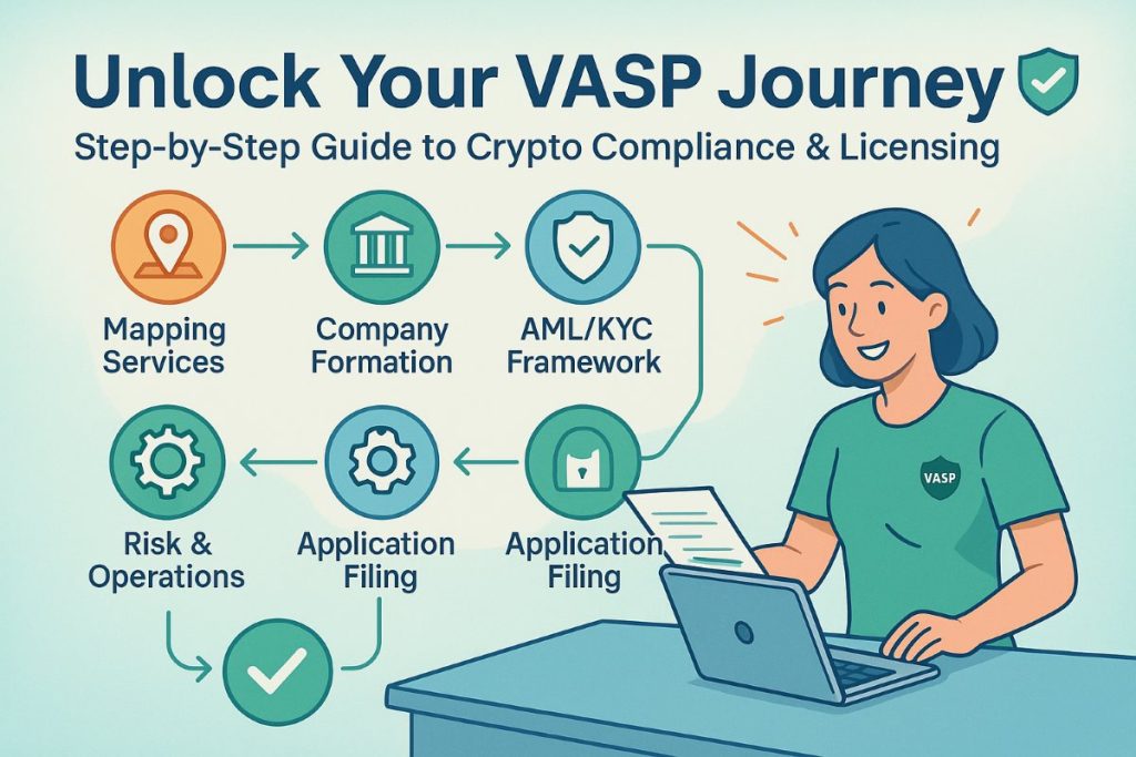 Infographic showing the step-by-step process to get a VASP license with icons, workflow, and compliance visuals.
