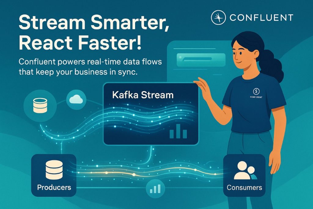 Infographic showing Confluent as the streaming backbone for data platforms, featuring real-time data flow, connected systems, and a data engineer managing live streams.