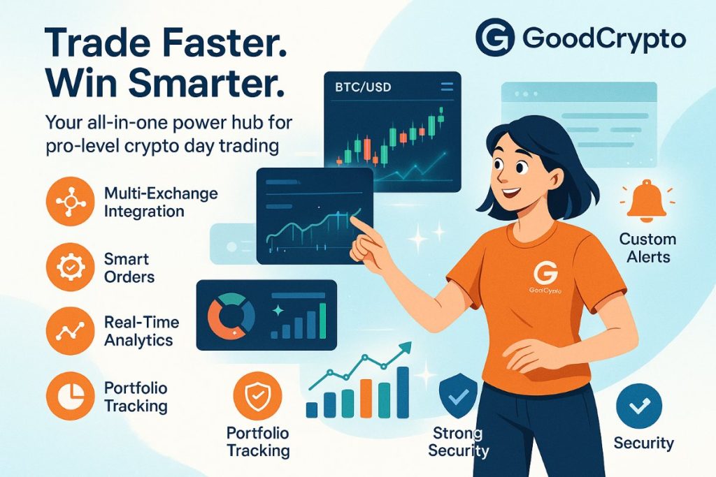Infographic showing crypto day trading features with an active trader analyzing charts and GoodCrypto tools.