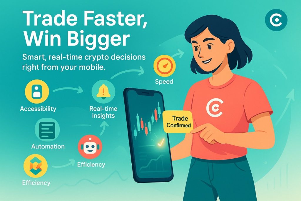 Infographic showing key benefits of crypto day trading using a mobile app, with a trader in action, workflow icons, and real-time trading elements.