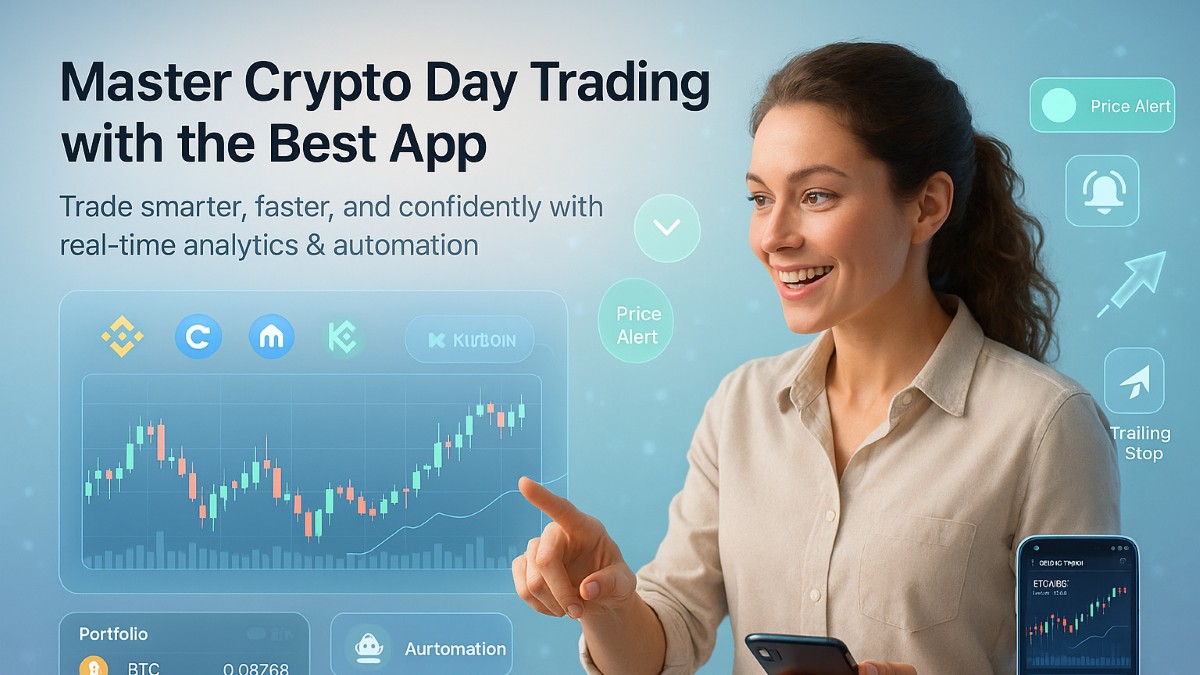 Ultra-realistic featured image showing an active trader using advanced tools and charts for crypto day trading with mobile and multi-exchange integrations.