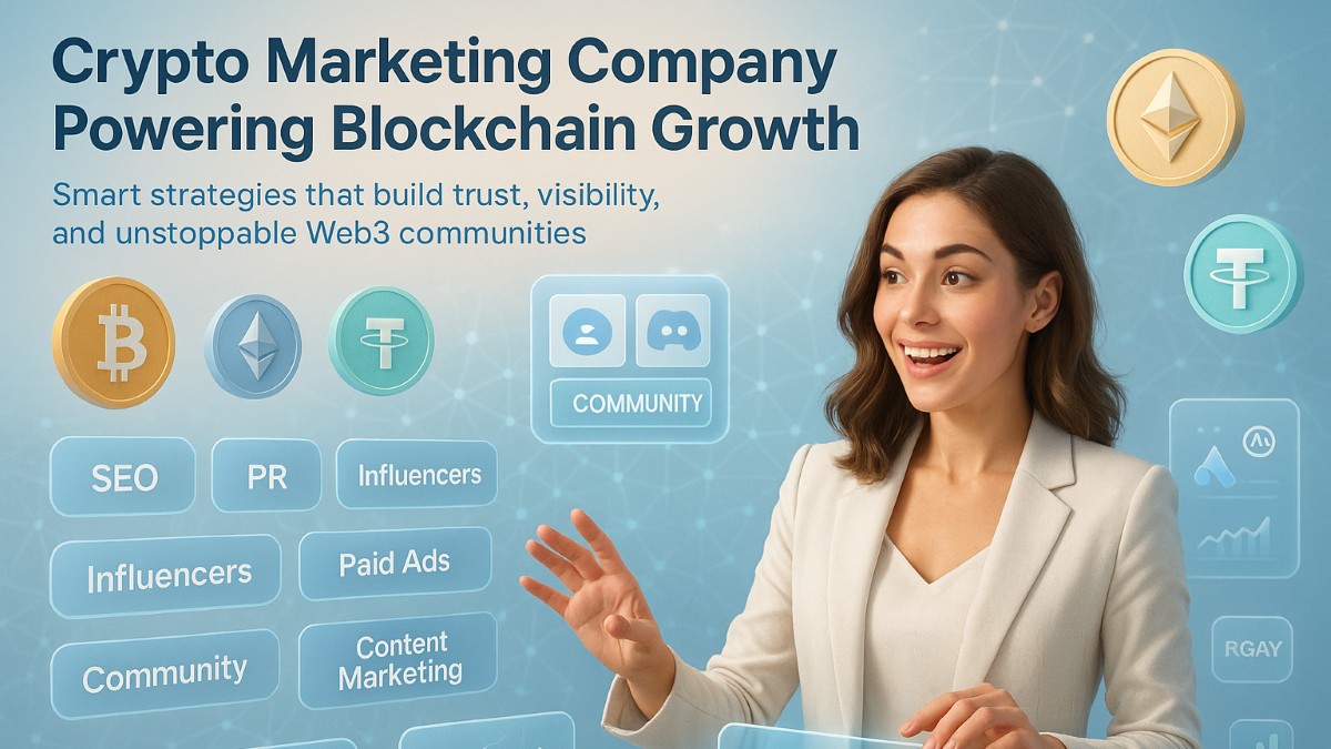 Ultra realistic featured image showing a crypto marketing company strategist interacting with blockchain dashboards, crypto icons, and digital marketing elements.