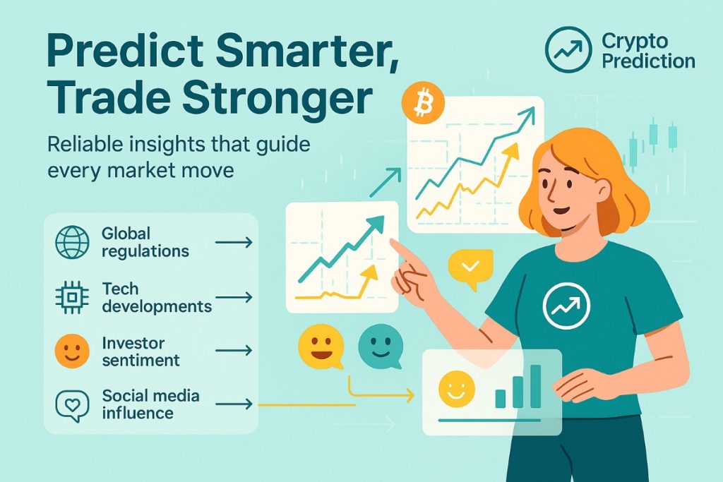 Infographic showing an active trader analyzing market factors like regulations, technology, sentiment, and trends for accurate crypto prediction.