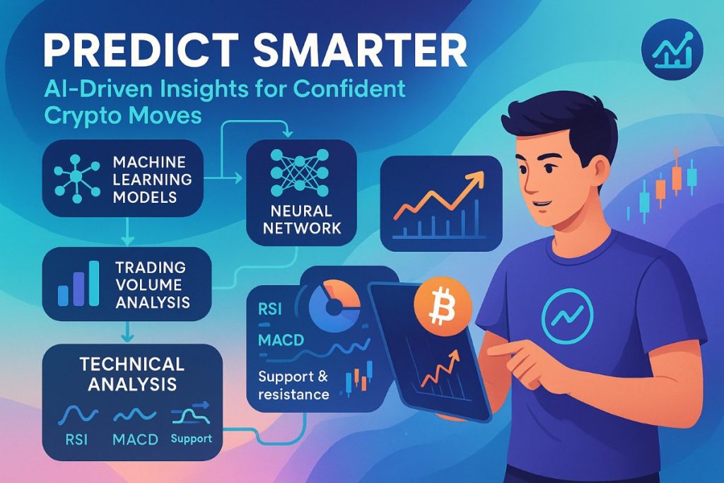 Crypto prediction infographic showing AI models, machine learning insights, and technical analysis workflows for forecasting cryptocurrency trends.