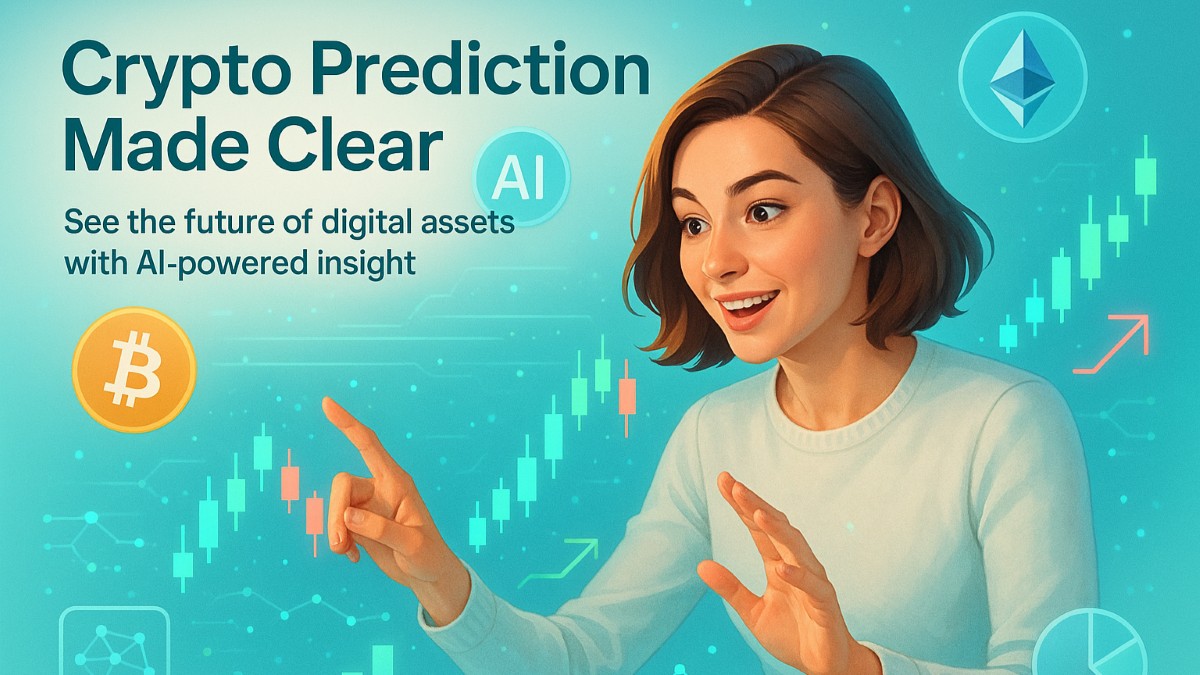 Ultra-realistic visual of an active user analyzing AI-driven crypto prediction charts with blockchain icons, market signals, and sentiment indicators.