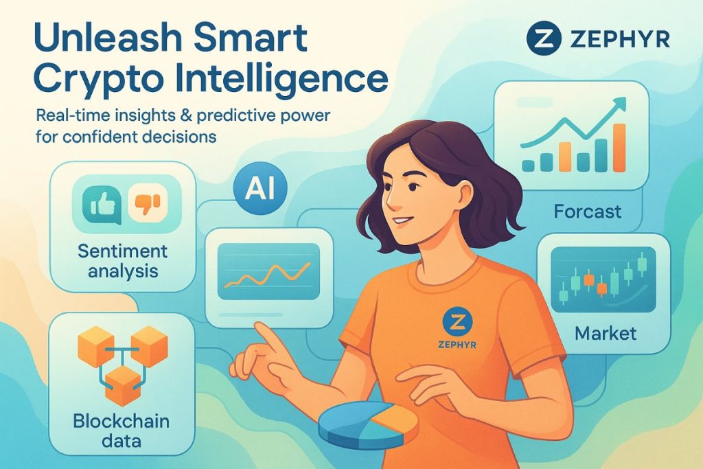 Infographic showing Zephyr’s crypto prediction workflow with real-time analytics, AI insights, and an active user analyzing blockchain data.
