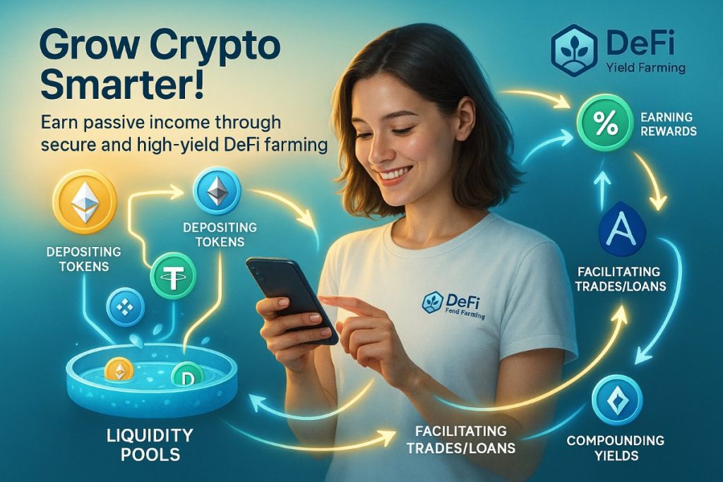 Infographic explaining how crypto yield farming platforms work, showing a user earning rewards by providing liquidity in DeFi pools with token and workflow icons.