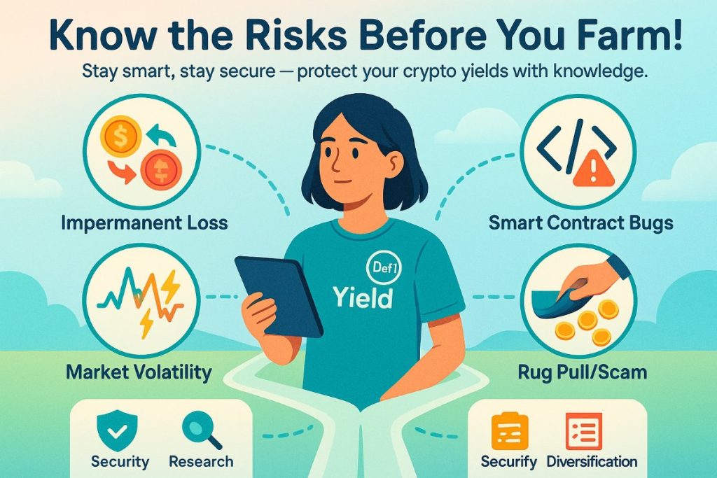 nfographic showing key risks of crypto yield farming platforms with impermanent loss, smart contract vulnerabilities, market volatility, and rug pull scams, along with tips to stay secure.