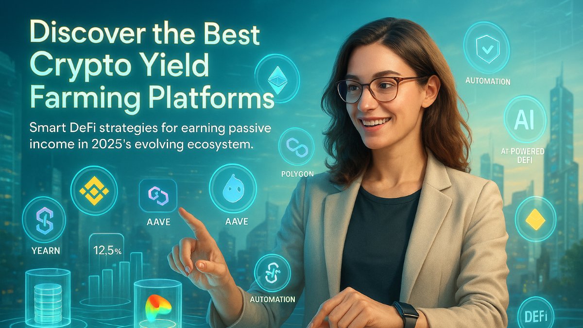 Ultra realistic image of an investor exploring crypto yield farming platforms with holographic DeFi charts and blockchain icons representing Ethereum, Aave, and PancakeSwap.