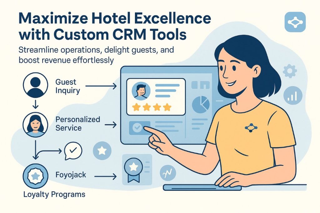 Infographic showing hotel workflow and guest journey using Custom CRM Tools to enhance service and streamline operations

