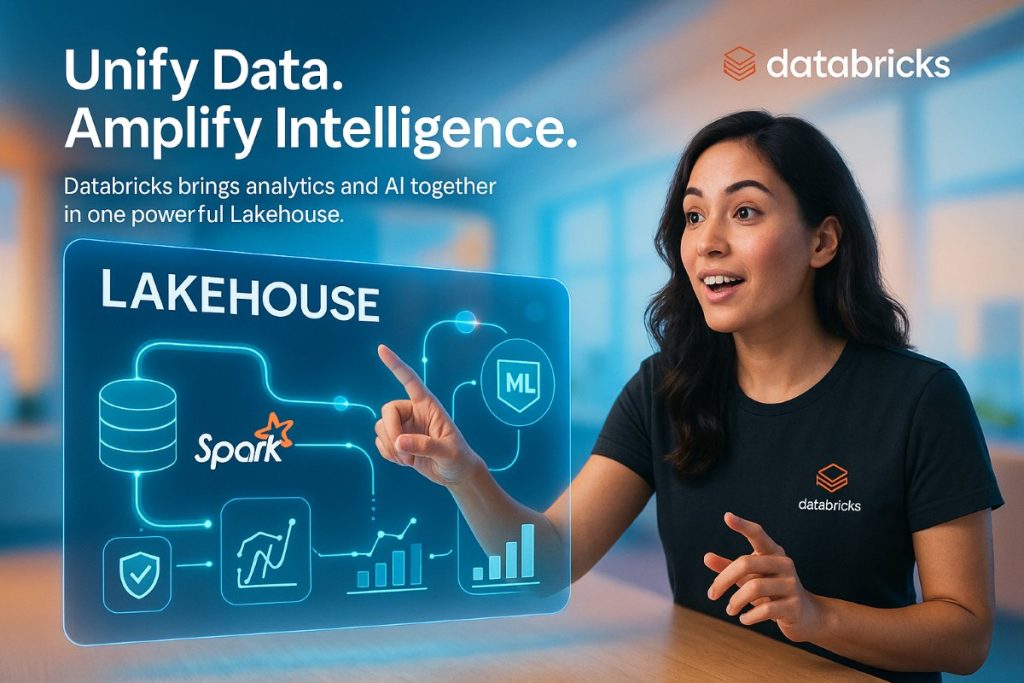 Infographic showing Databricks unified lakehouse for analytics and AI with data pipelines, ML workflows, and a data engineer in action — best data platform for integrated analytics.