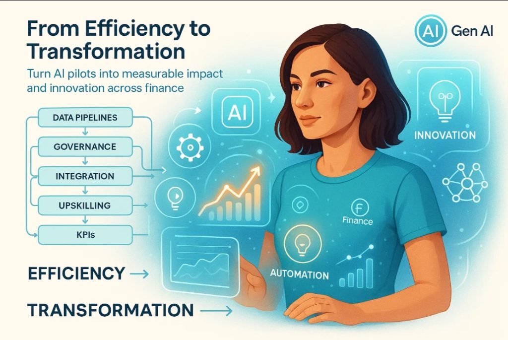 Infographic showing how Generative AI transforms finance through automation, intelligent reporting, fraud detection, treasury forecasting, and customer engagement.
