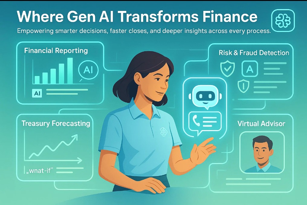 Infographic showing a finance professional using generative AI tools to transform financial workflows, illustrating the journey from efficiency to innovation in finance.