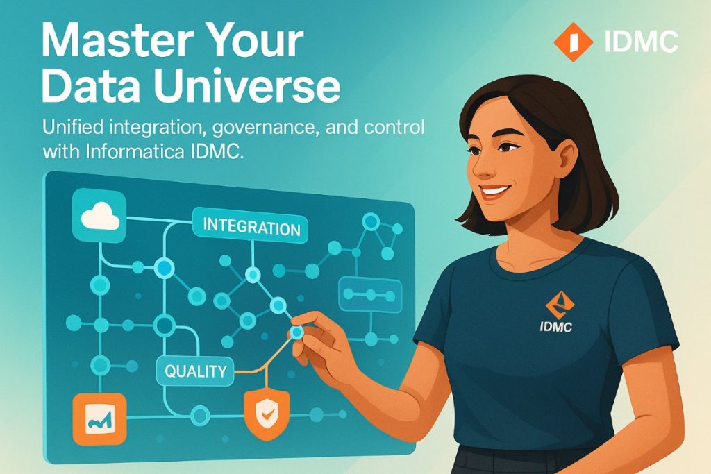 Infographic illustrating Informatica IDMC data platform with unified data integration, governance, and management workflow.