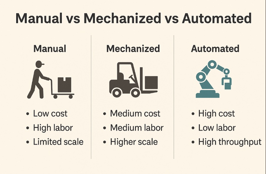 Infographic showing different material handling systems including manual, mechanized, and automated solutions with workflow icons and active users

